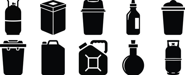 A collection of various container icons including gas cylinders, trash cans, and bottles