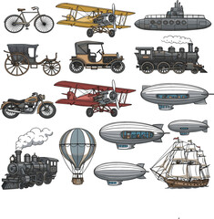 Collection of vintage transportation vehicles including steam trains airplanes bicycles ships and airships historical illustration set © sumi