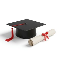 Graduation cap and diploma on a clean white background for academic achievement concept