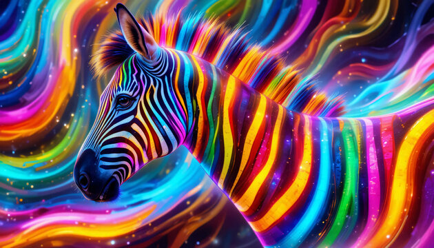 Vibrant zebra head with rainbow colors and psychedelic swirls in background abstract animal art