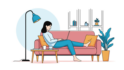 Obraz premium Young woman relaxing on a comfortable pink sofa while working on her laptop in a modern bright living room with indoor plants and lamp.