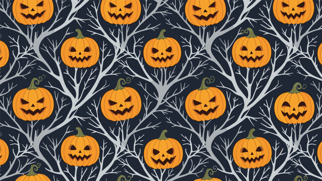Halloween seamless pattern featuring spooky orange jack-o-lantern pumpkins on white barren tree branches over dark blue.