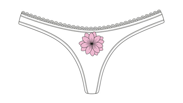 Technical fashion drawing of a white thong with a pink flower detail in the center and decorative lace edges on white.
