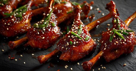 Delicate fusion of Korean chili flake bright lime zest sweet caramel note sauce elevate bold flavor of roasted duck leg served neat delicate row tiny sesame stick clean professional stock photo sharp