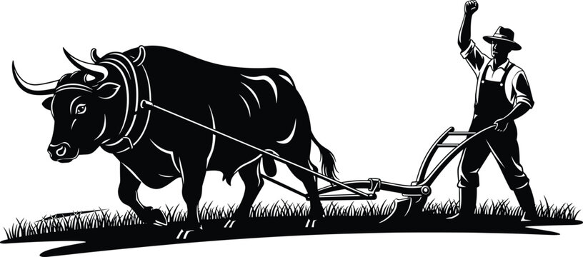 Vintage, silhouette, illustration, of, a, farmer, plowing, agricultural, field, with, strong, bull, ox, traditional, manual, labor, rural, farming, heritage, worker.