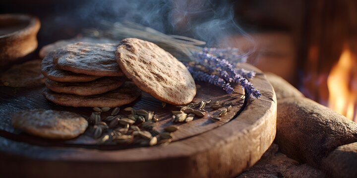 Fragrant blend of cardamom pod add warmth comforting aroma of roasted Scottish oatcake fresh out of wooden hearth stone clean professional stock photo sharp macro photography style cinematic realism