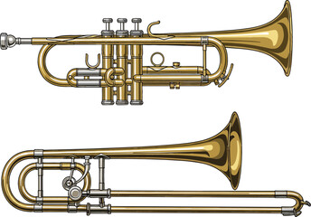 Obraz premium Detailed brass trumpet and trombone illustration showing realistic musical wind instruments in side view isolated on white