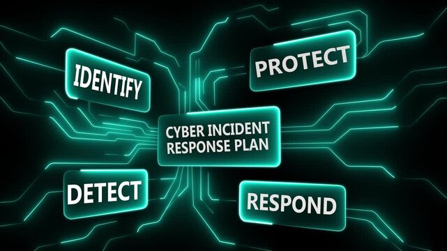 Illustration of a cyber incident response plan with interconnected processes such as identify, protect, detect, and respond, depicted in vibrant neon colors against a dark background for cybersecurit