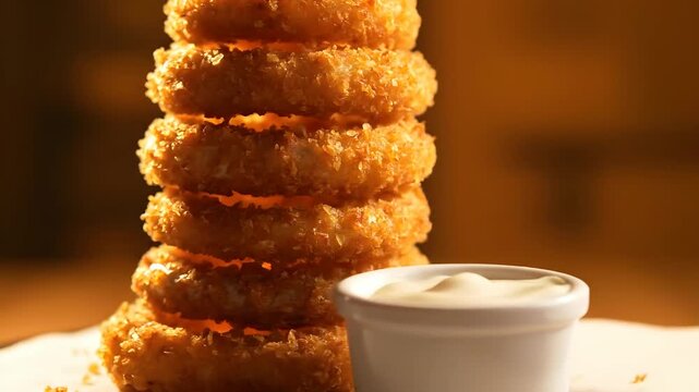 Golden crispy fried onion rings perfectly stacked in a towering presentation, ready to be enjoyed as a delicious appetizer or savory snack, accompanied by a creamy white dipping sauce