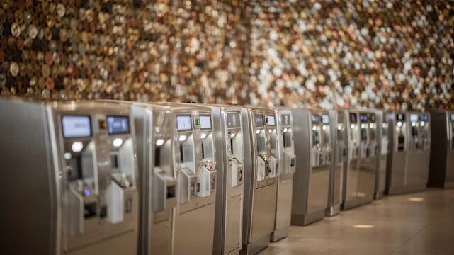 Wide medium shot showing multiple change machines along a corridor the decorative token wall creating a softly blurred textured backdrop.