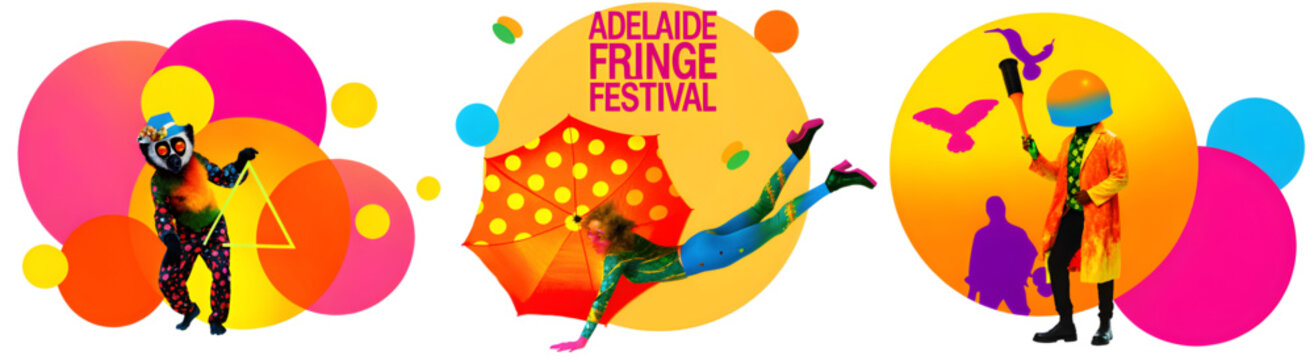 A vibrant illustration promoting the Adelaide Fringe Festival with colorful characters and shapes