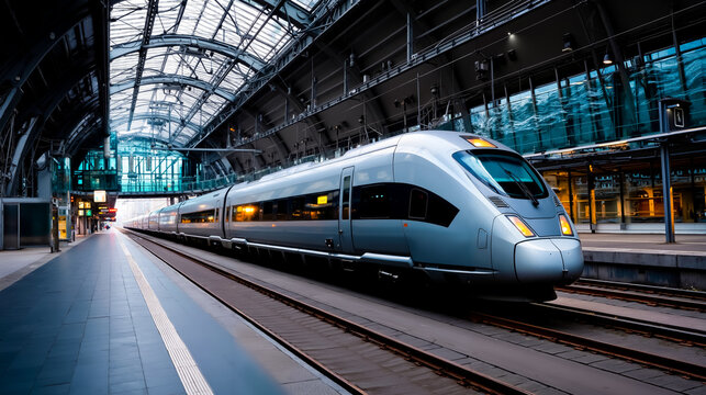 A modern sleek silver train is traveling through a train station with a glass ceiling and a platform