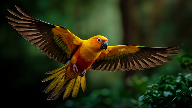 A vibrant parrot with a yellow body and green wings is flying through a lush green forest
