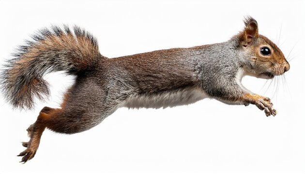 jumping grey brown squirrel isolated on a white background as transparent