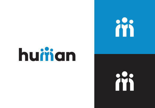 Modern human vector logo design in the form of a wordmark logo design. Abstract design form in the form of a person in the letter m, family, togetherness, human unity, human logo in the letter m