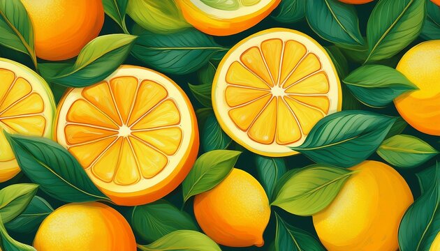 orange and lemon patern with green leaves