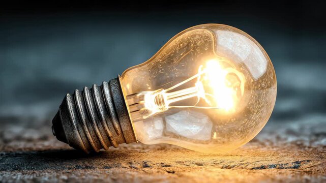 Light bulb with glowing filament on textured surface in close up view during evening time captures bright and clear details in four sections in 4k resolution