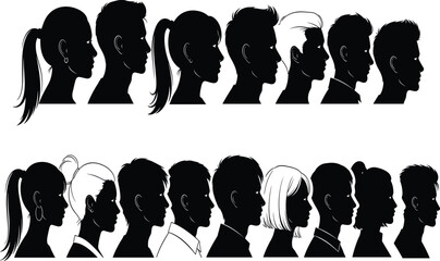 Vector Illustration Set of Human Head Profile Silhouettes for Identity Avatar Social Media Diversity Community and Minimalist Portrait Graphic Designs