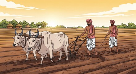 Two farmers utilize oxen to plow and sow seeds across a large open field at sunrise