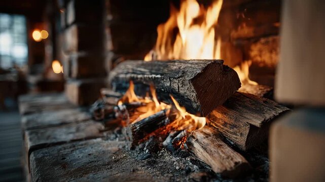 Flames rise from logs in a cozy fireplace surrounded by wooden walls and warm lighting in a cabin setting during evening hours