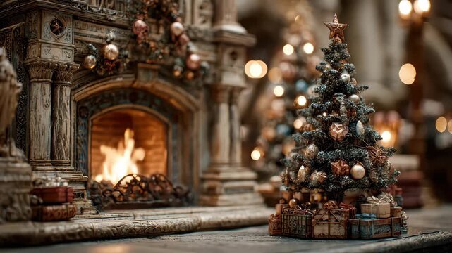 Winter scene with a decorated Christmas tree near a warm fireplace during the holiday season in a cozy indoor setting with gifts under the tree