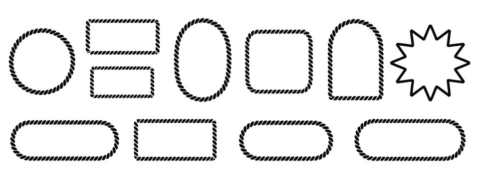 Vector rope frame illustration featuring round, oval, and square geometric borders, isolated on white background for design.