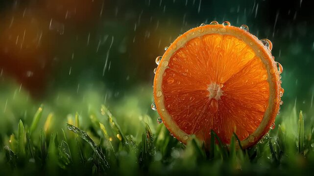 Fresh orange slice rests on green grass under falling rain during a quiet afternoon in a garden