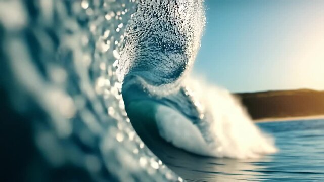 Waves crash and splash against the shore during sunset in a coastal area, capturing the motion of water and light in a 4k video experience
