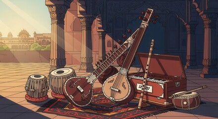 Traditional stringed and percussive musical instruments rest on a patterned rug within an ornate palace courtyard setting