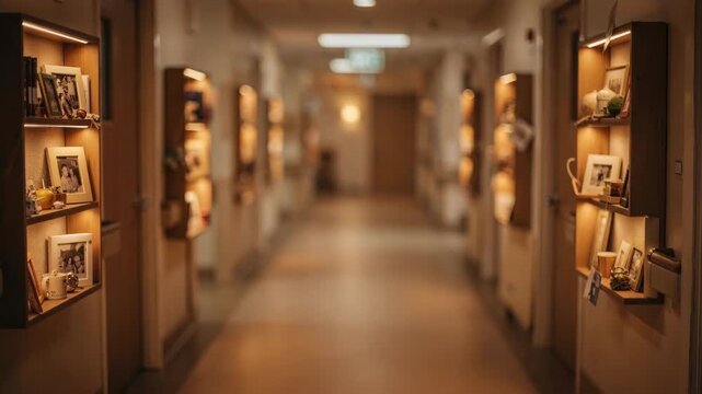 Twilight medium shot of a serene memory care hallway with warm dim lighting where memory boxes are prominent while the surrounding doors and walls blur softly.