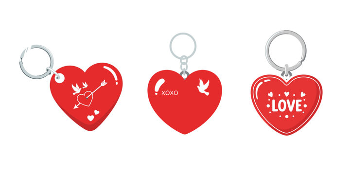 Set of three cute red heart shaped keychains. vector illustration for Valentine's gifts, romance, or accessory designs.