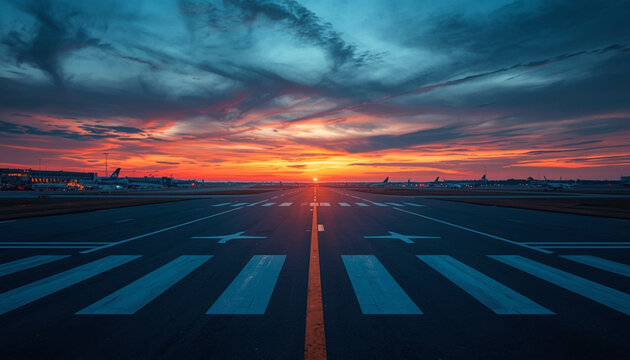 A serene airport runway at sunset with vibrant colors in the sky