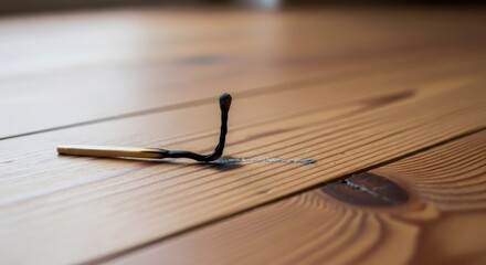 Burnt wooden matchstick on wooden floor. Concept of burnout, exhaustion, end of something. Life cycle, finish, failure, depression.