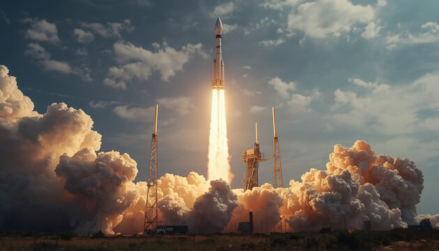 A rocket launching into a cloudy sky with a bright flame