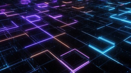 Naklejka premium Digital Network Pathways: A futuristic depiction of an intricate network of glowing lines and squares, suggesting the complexity and connectivity of modern technology. 