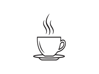 Fototapeta premium Simple line drawing of a steaming hot cup of coffee on a saucer