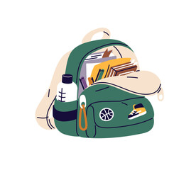Fototapeta premium Green backpack with open zipper. School bag with books, stationery. Schoolbag with bottle of water, textbooks. Knapsack, rucksack for students. Flat isolated vector illustration on white background