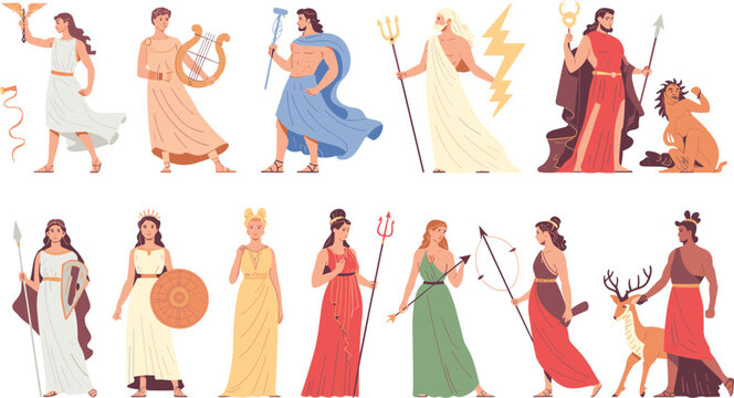 Ancient Greek gods and goddesses characters set mythology deities heroes symbols flat vector illustration isolated collection