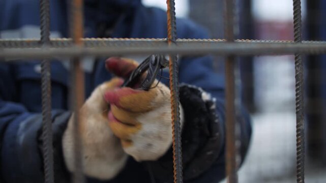 Worker tying steel rebar with wire during concrete reinforcement