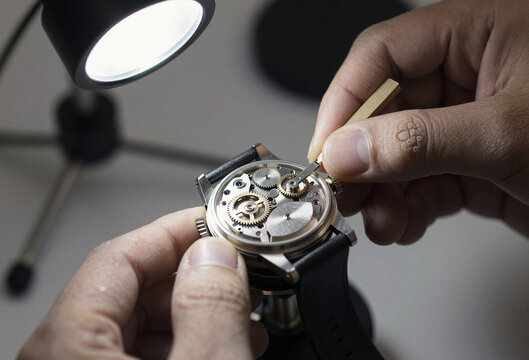 Watchmaker hands assembling intricate watch movement under loupe.
