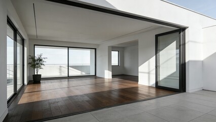Obraz premium A large, airy room with a wooden floor and expansive windows, enhancing the sense of openness and light
