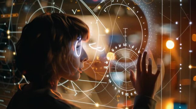 Wide shot of a 15-year-old kid standing in a futuristic, brightly lit classroom, looking intently at glowing, interactive scientific diagrams related to technological items. Creative, intellectual cur