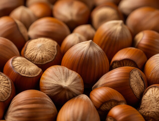 Close-up macro of glossy brown hazelnuts with cracked interior revealing star-shaped texture, symbolizing natural richness and wholesome nourishment