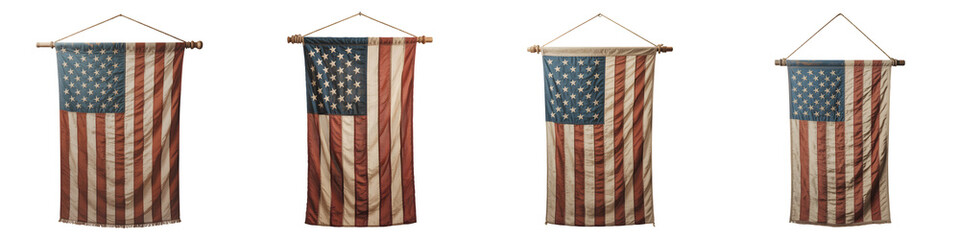 Obraz premium Four american flags hanging from wooden dowels on transparent background