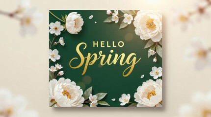 Fototapeta premium Spring greeting card with flowers and gold writing on a green background