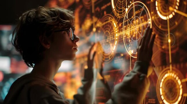 Wide shot of a 15-year-old kid standing in a futuristic, brightly lit classroom, looking intently at glowing, interactive scientific diagrams related to technological items. Creative, intellectual cur