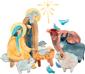 Fototapeta premium Holy family nativity scene with baby Jesus, Mary and man Joseph and animals. Christian Christmas story on transparent background.