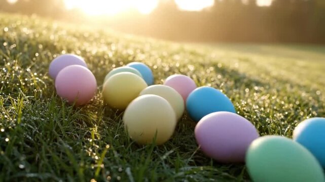 Colorful pastel Easter eggs rolling down a green grassy hill at sunrise during a bright spring morning