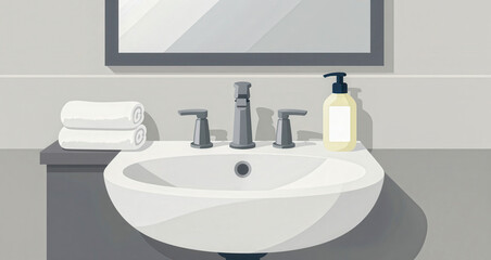 Modern bathroom sink with faucet and soap dispenser, towels on counter, and mirror on wall, creating a clean and minimalist aesthetic in shades of gray and white, perfect for hygiene and relaxation in