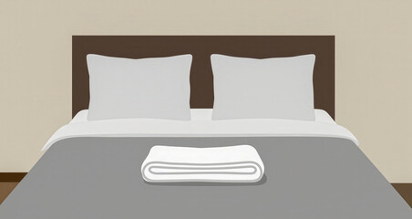 Neatly made bed with brown headboard and gray bedspread featuring white pillows and a folded towel on top in a serene hotel room setting for a comfortable stay